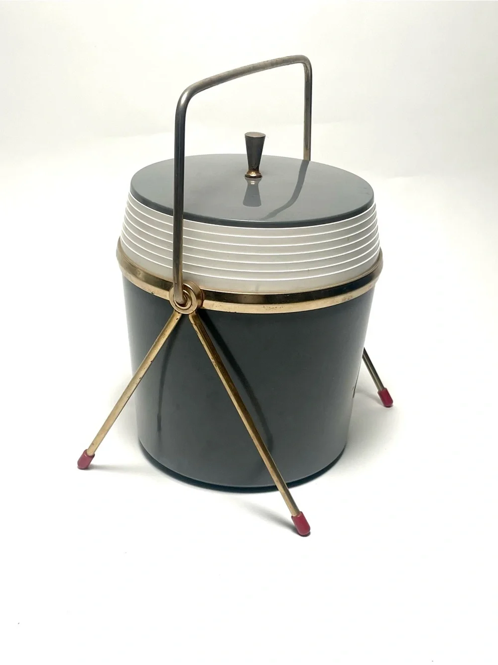 Vintage Mid Century Modern Charcoal Grey Ice Bucket & Metal Caddy Stand Legs